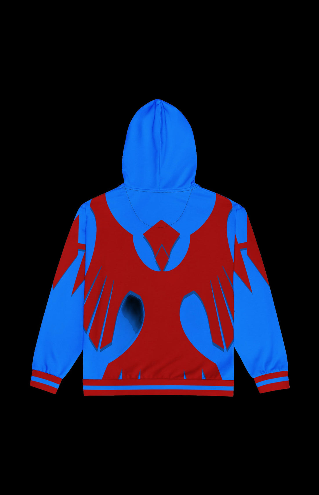 Battletrail Zip-up Hoodie front in red with bright blue feather-wing graphics