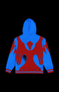 Back view of the Battletrail Zip-up Hoodie with a blue thunderbird design on red