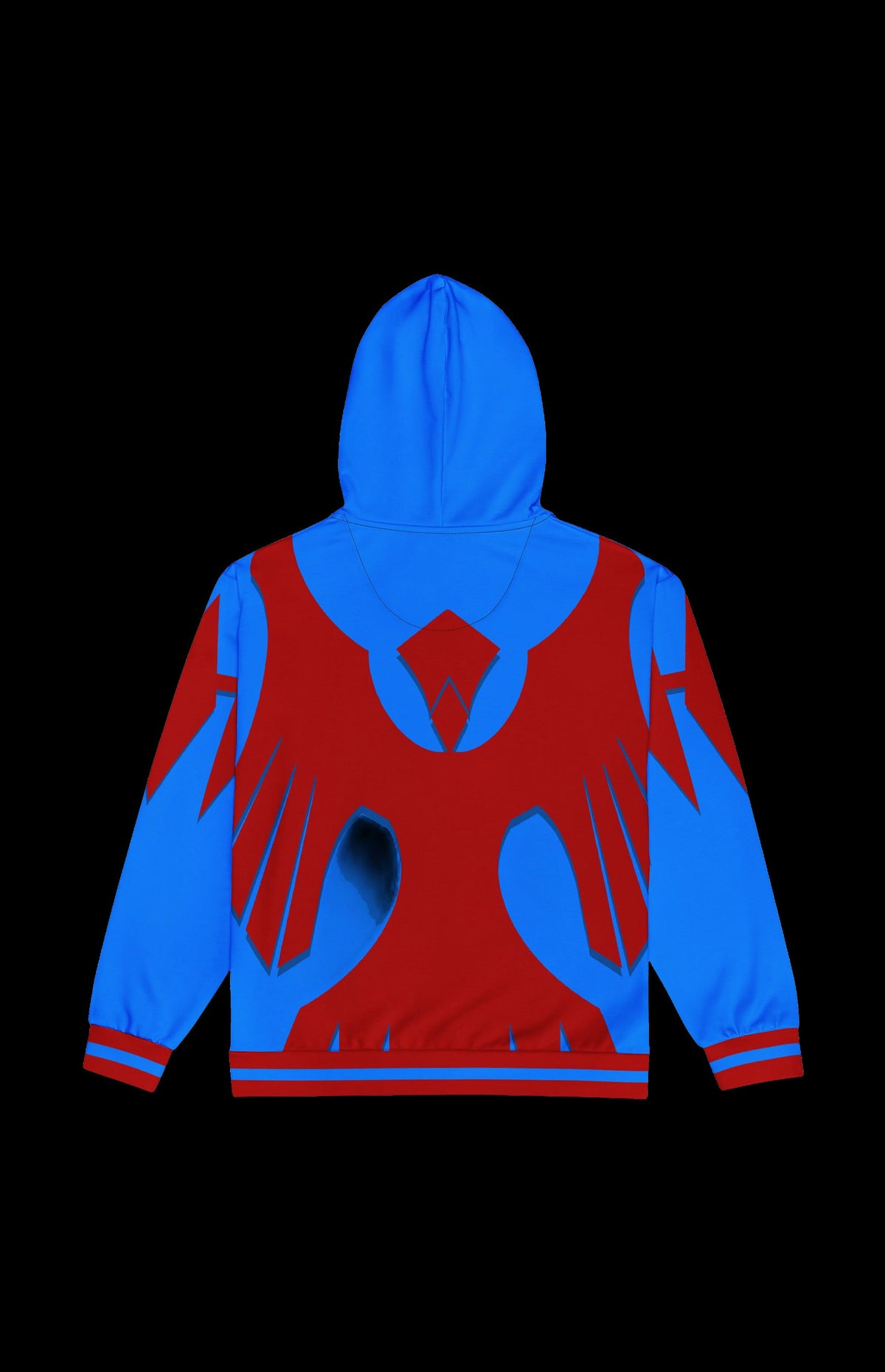 Back view of the Battletrail Zip-up Hoodie with a blue thunderbird design on red