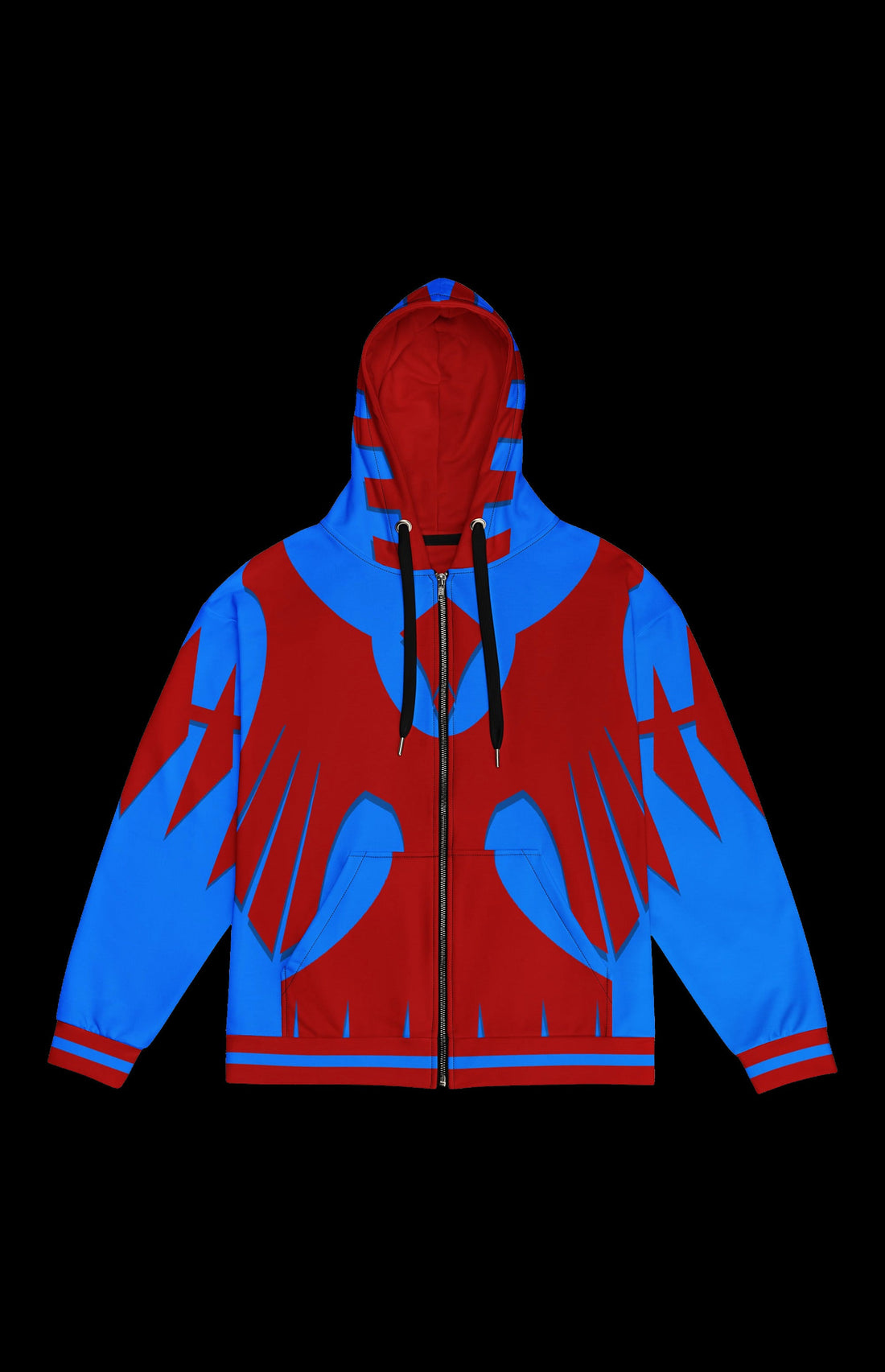 Battletrail Zip-up Hoodie front in red with bright blue feather-wing graphics