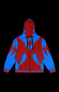 Battletrail Zip-up Hoodie front in red with bright blue feather-wing graphics