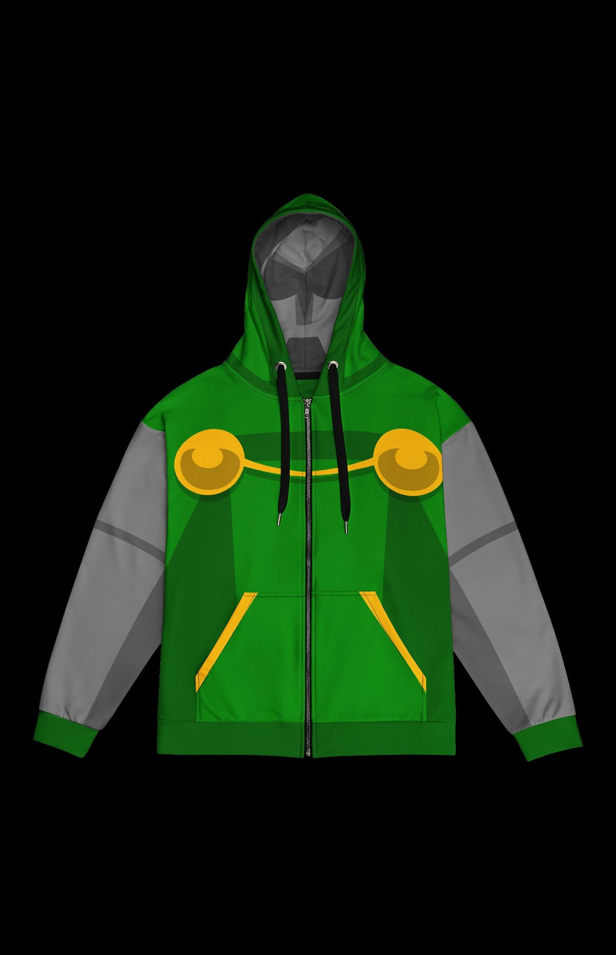 Doc Steve Zip-up Hoodie front in green with gray armored sleeves, gold clasps and a metal mask hood