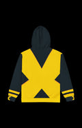Back view of the Gene Gray Zip-up Hoodie with a large yellow X on charcoal