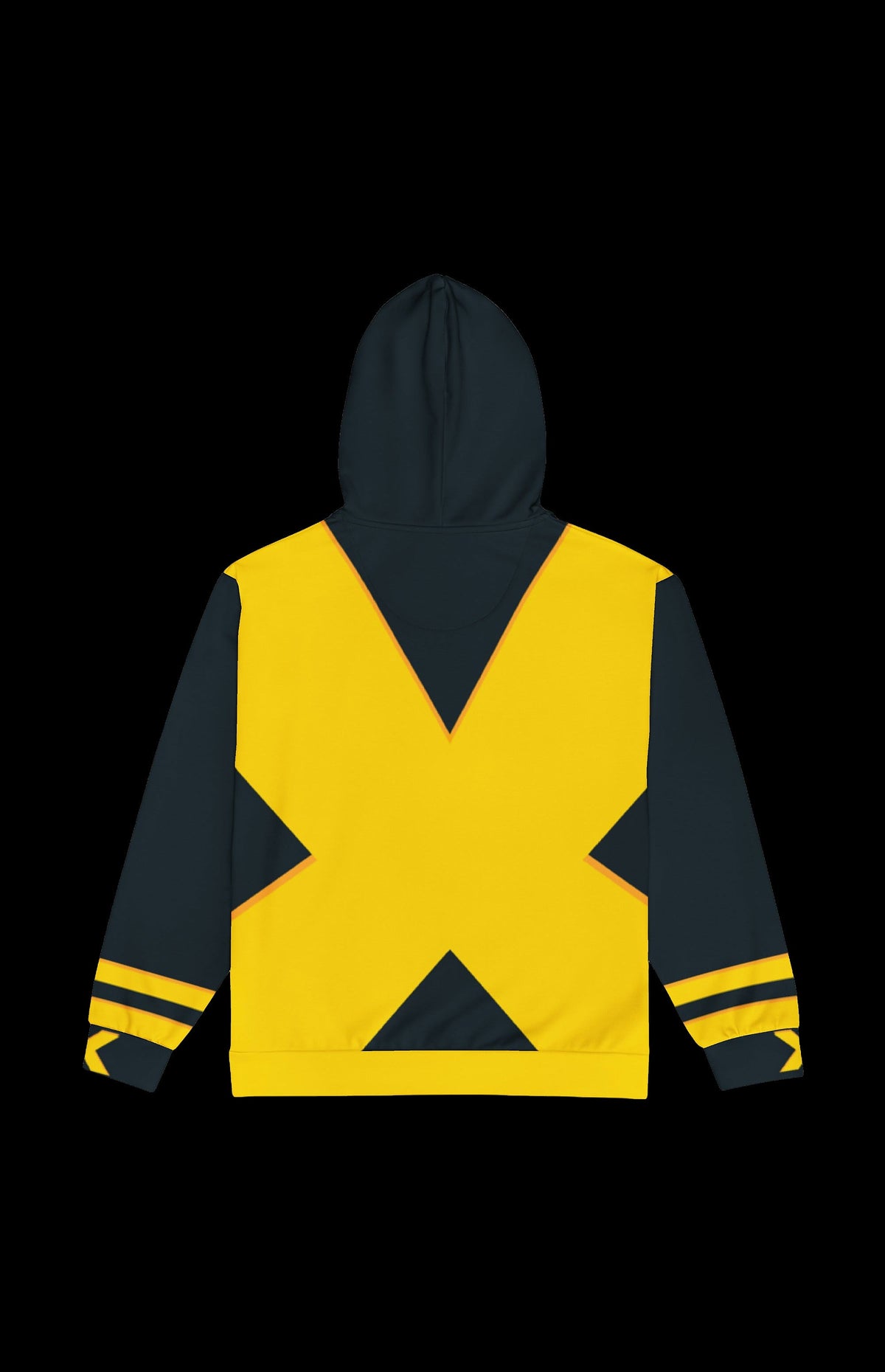 Back view of the Gene Gray Zip-up Hoodie with a large yellow X on charcoal