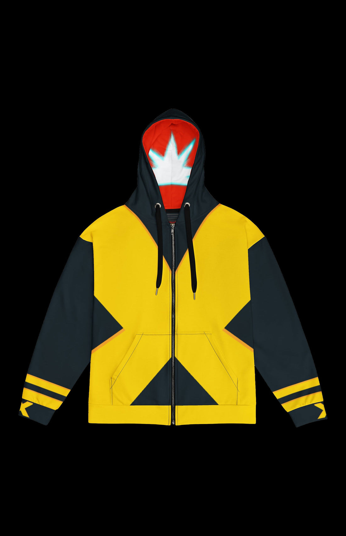 Gene Gray Zip-up Hoodie front in yellow and charcoal with a bold X panel and red crown-mask hood