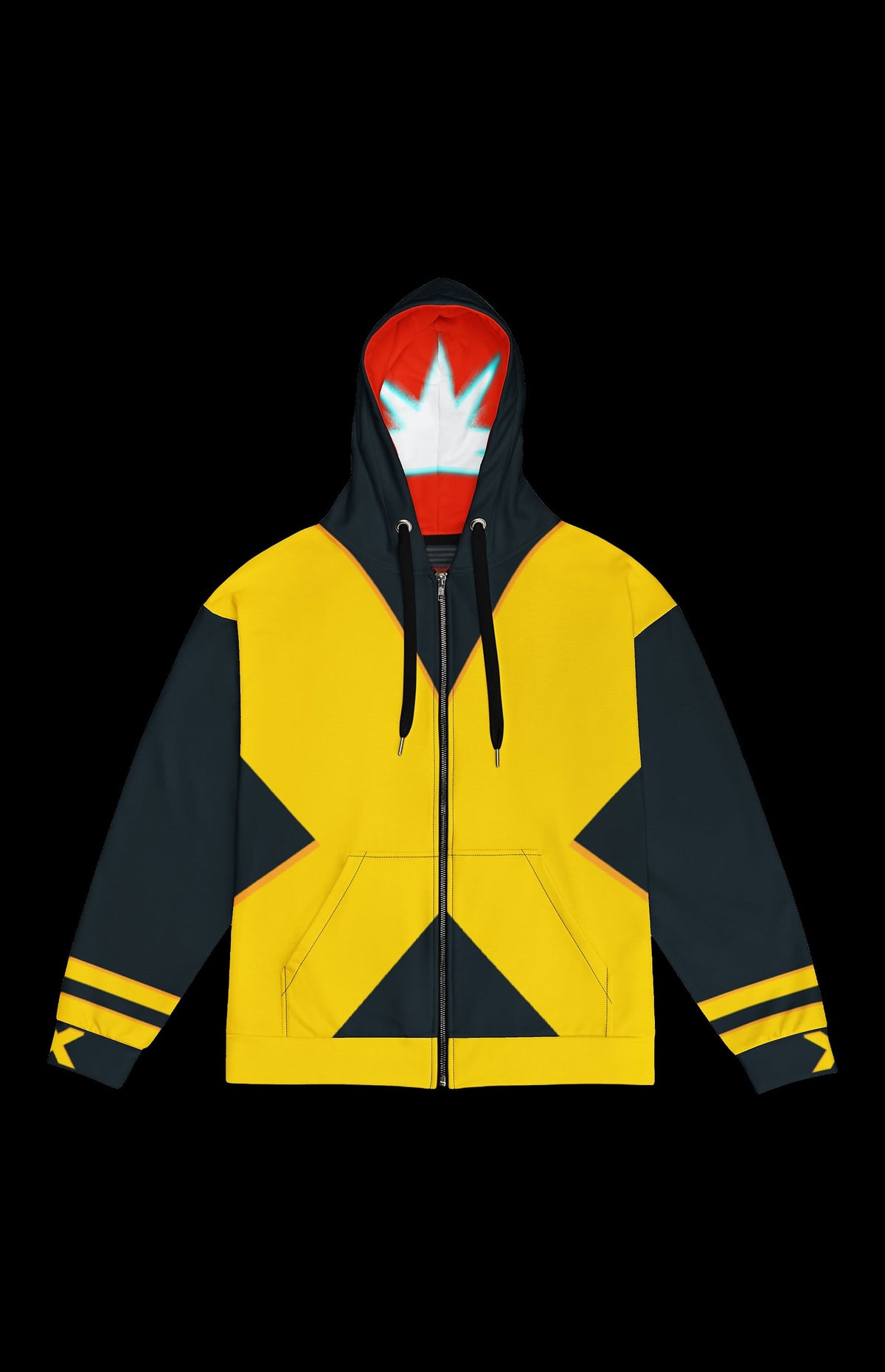 Gene Gray Zip-up Hoodie front in yellow and charcoal with a bold X panel and red crown-mask hood