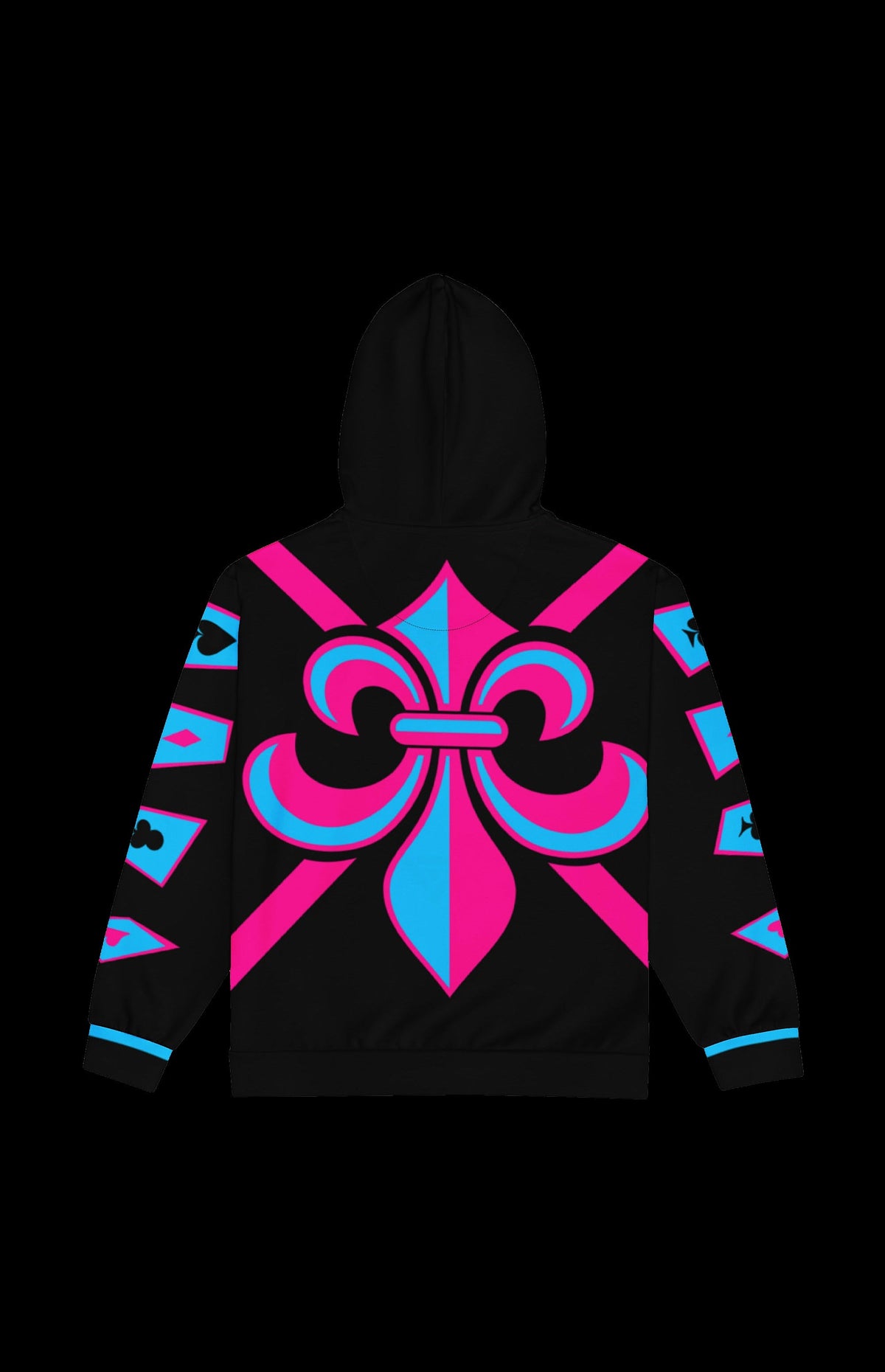 Back view of the Kinetic Gambler II Zip-up Hoodie with a pink and cyan fleur-de-lis on black