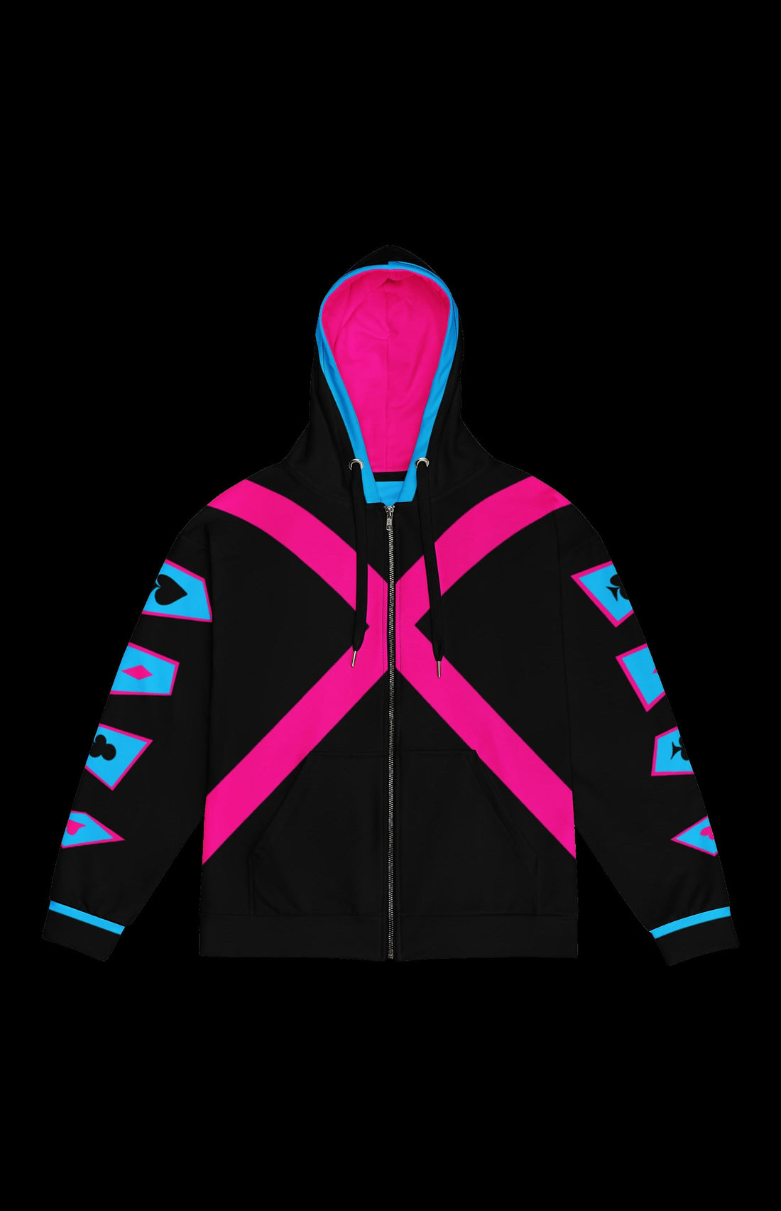 Kinetic Gambler II Zip-up Hoodie front in black with hot pink X panels and pink-lined hood