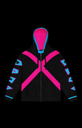 Kinetic Gambler II Zip-up Hoodie front in black with hot pink X panels and pink-lined hood