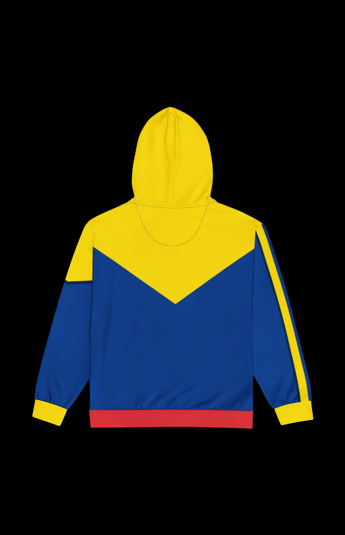 Madam Magnet Zip-up Hoodie front in royal blue and yellow with green hood and X patch