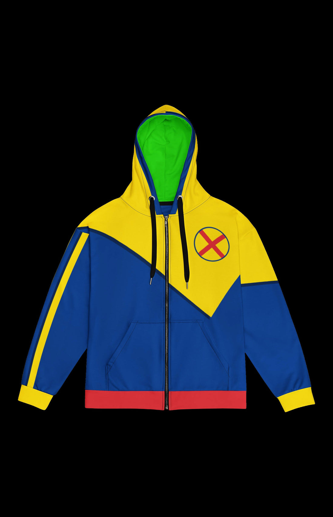 Madam Magnet Zip-up Hoodie front in royal blue and yellow with green hood and X patch