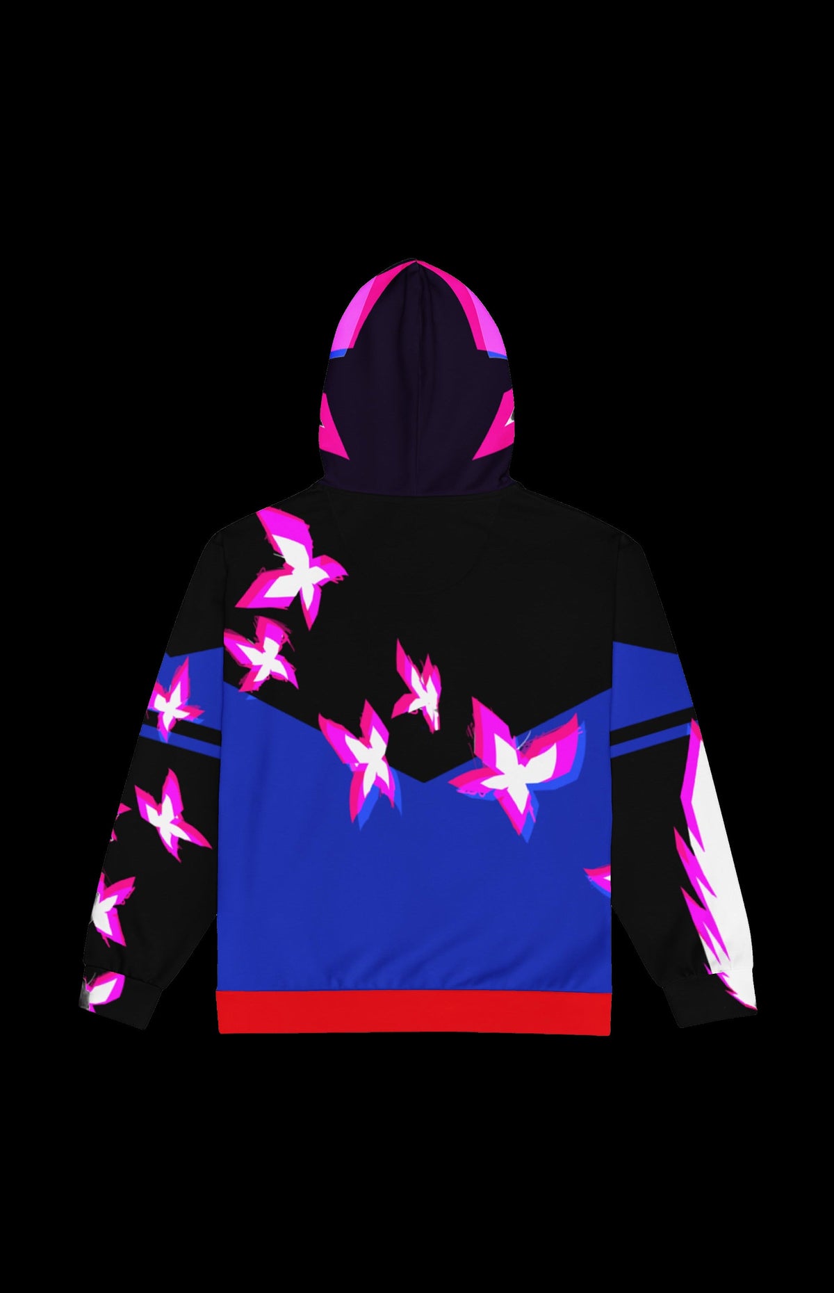 Back view of the Psychic Ninja Zip-up Hoodie with pink butterfly bursts on black and blue