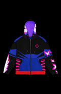Psychic Ninja Zip-up Hoodie front in black and blue with pink psychic butterfly graphics and purple hood