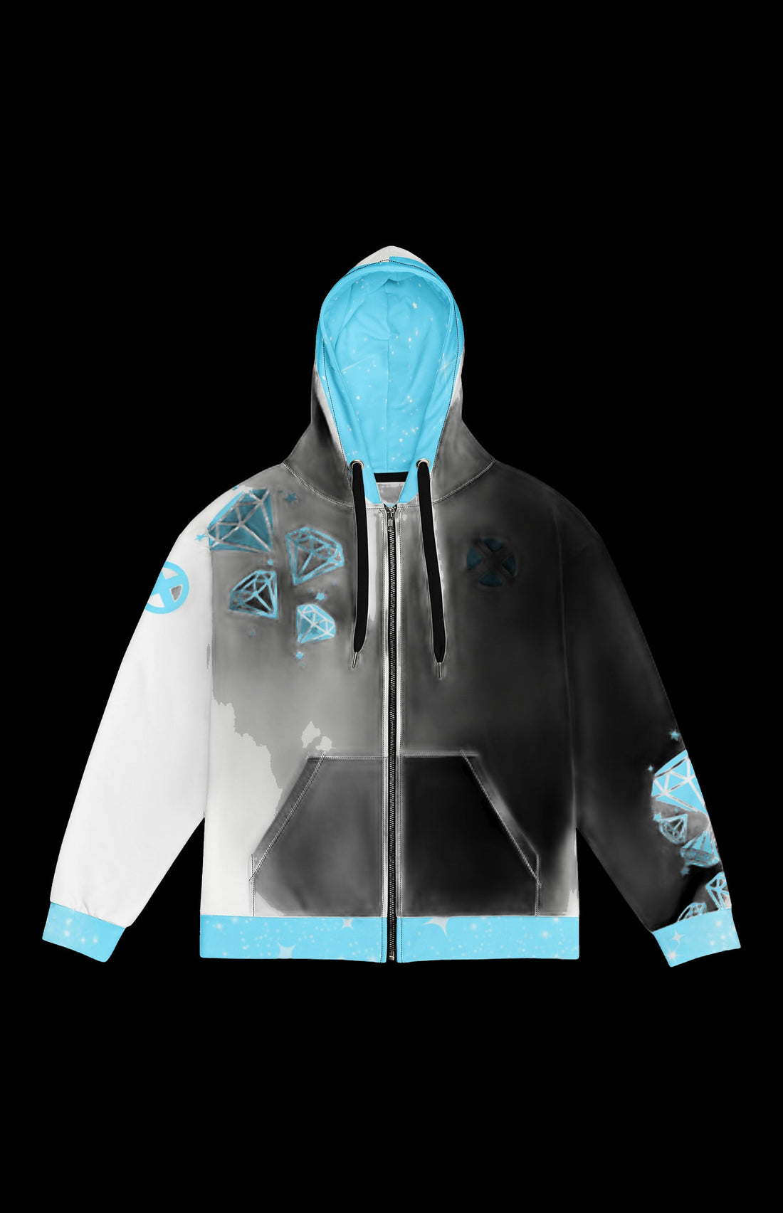 Queen of Frost Zip-up Hoodie front in white with icy blue diamond graphics and frost-blue hood