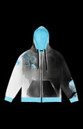 Queen of Frost Zip-up Hoodie front in white with icy blue diamond graphics and frost-blue hood