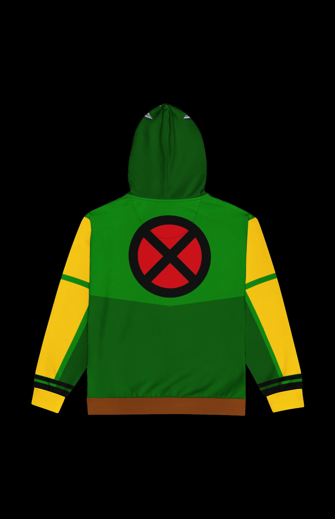 Southern Sugah II Zip-up Hoodie front in green and yellow with brown hood and red X patch on the pocket