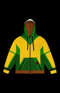 Southern Sugah II Zip-up Hoodie front in green and yellow with brown hood and red X patch on the pocket