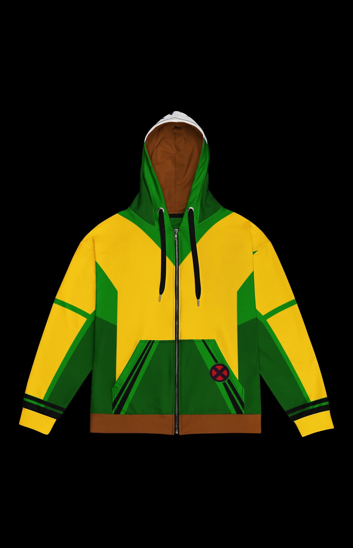 Southern Sugah II Zip-up Hoodie front in green and yellow with brown hood and red X patch on the pocket