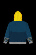 Back view of the Spirit Biker Zip-up Hoodie in teal with flame hood and chain sleeve details