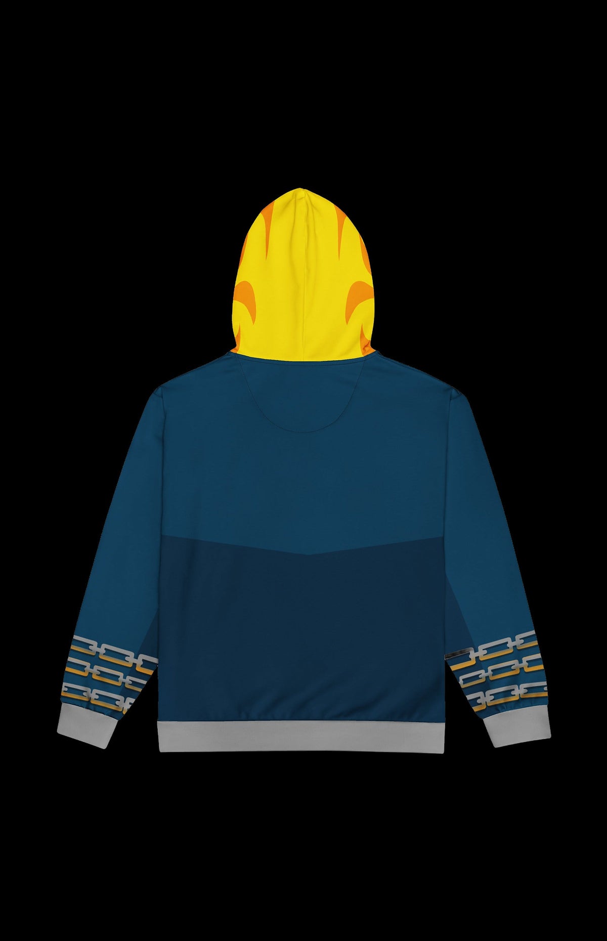 Back view of the Spirit Biker Zip-up Hoodie in teal with flame hood and chain sleeve details