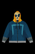 Spirit Biker Zip-up Hoodie front in teal with a flaming skull hood and chain-link sleeves