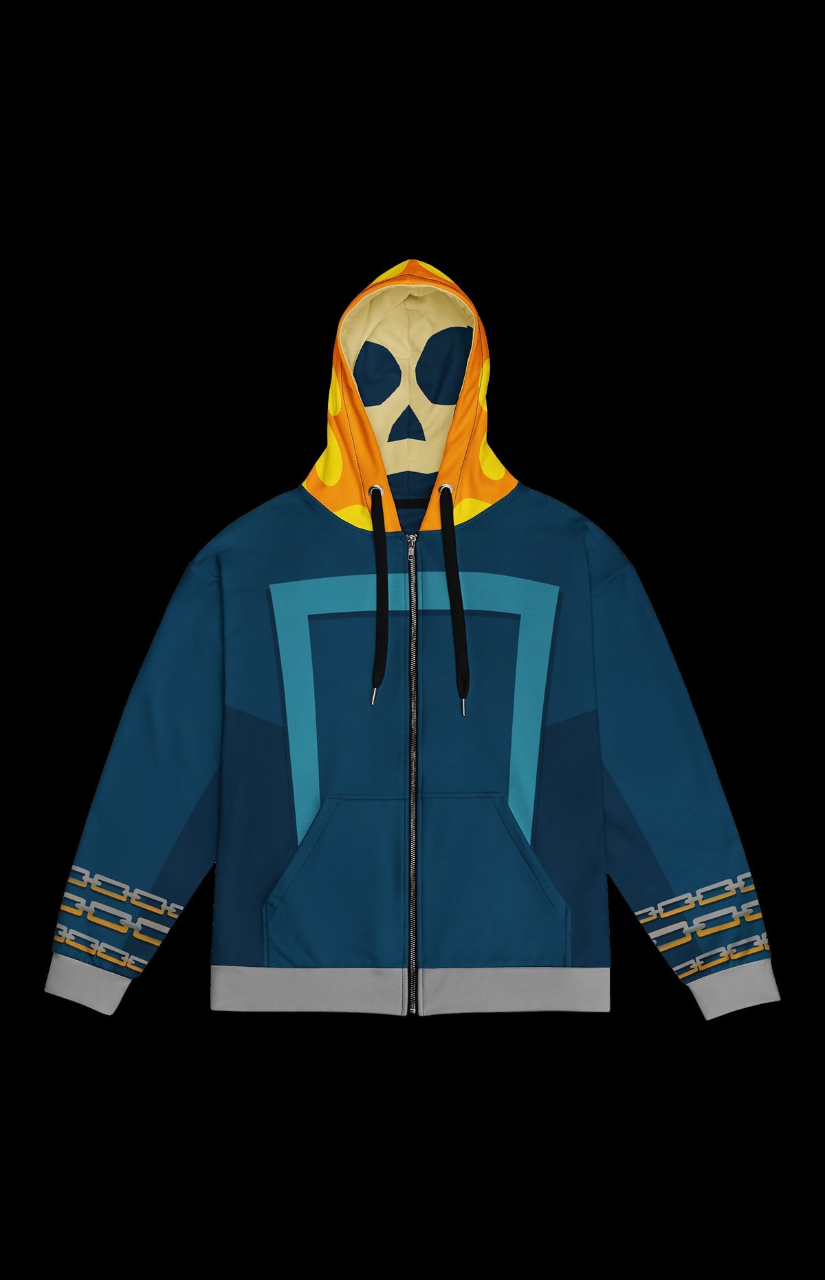Spirit Biker Zip-up Hoodie front in teal with a flaming skull hood and chain-link sleeves
