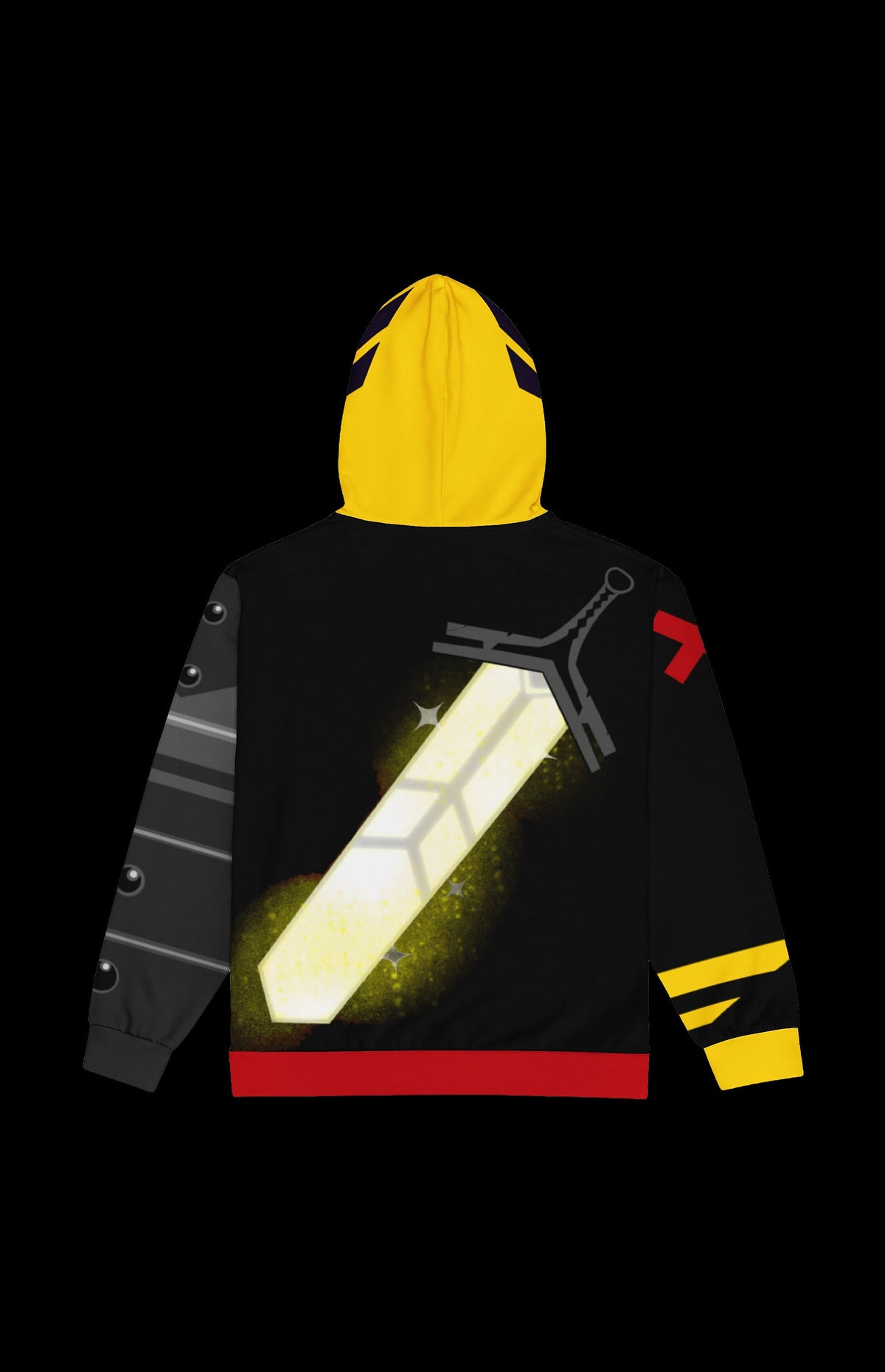 Back view of The Gathering Zip-up Hoodie with a glowing sword graphic on black