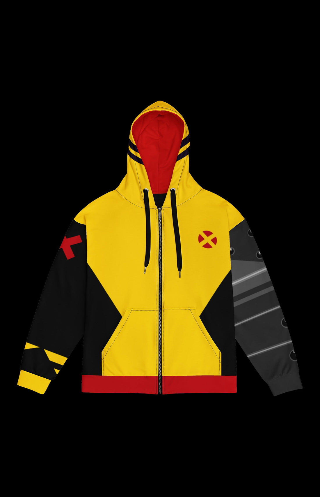 The Gathering Zip-up Hoodie front in yellow and black with an armored sleeve and red-lined hood