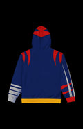 Back view of the Weapon Ecks Zip-up Hoodie in navy with red slash details and yellow hem