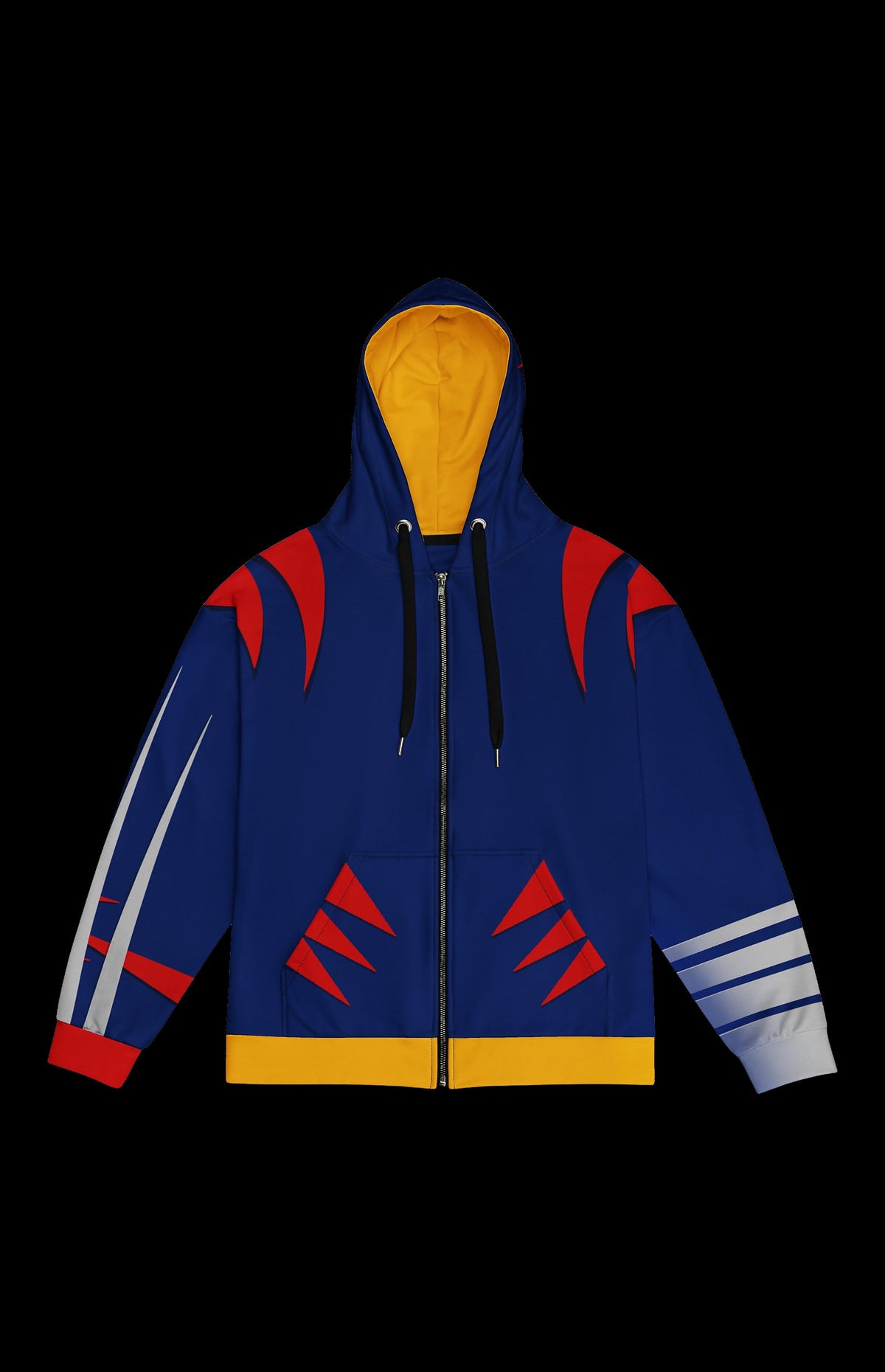 Weapon Ecks Zip-up Hoodie front in navy with red claw-mark accents and silver striped sleeve