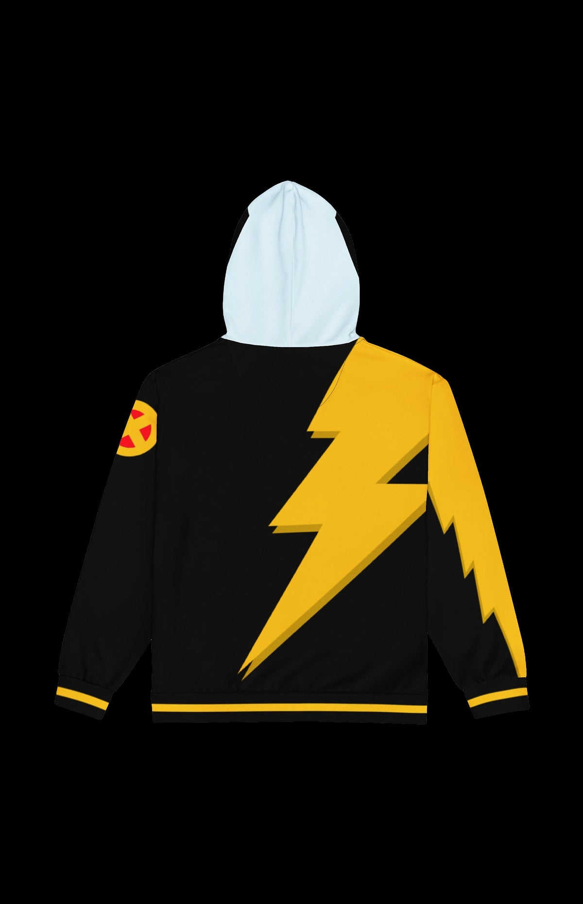 Back view of the Weather Witch II Zip-up Hoodie with a large gold lightning bolt on black
