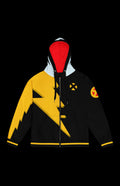 Weather Witch II Zip-up Hoodie front in black with gold lightning bolt and red-lined hood