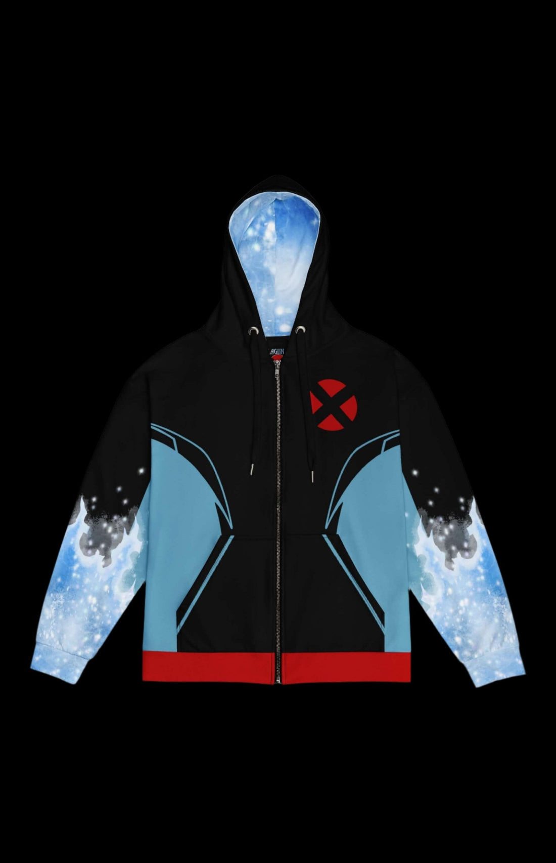 Iceman zip-up hoodie featuring a striking blue and black design with red accents, perfect for any casual outfit.
