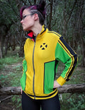 Model showcasing the Southern Sugah Track Jacket in a vibrant yellow and green design, perfect for bold fashion statements.
