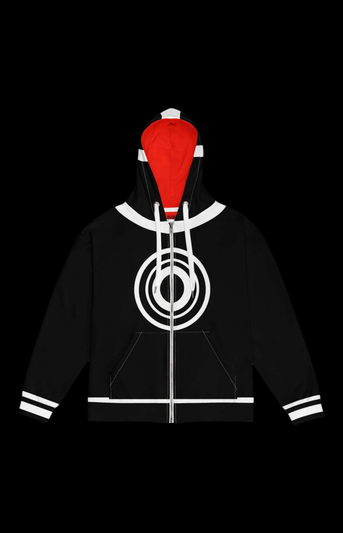 Khaos Zip-up Hoodie in black with bold white circular design and red interior, perfect for sustainable style.