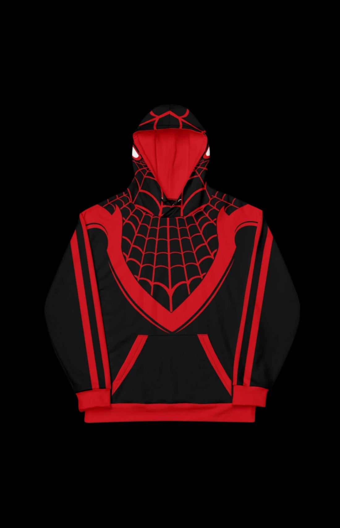 Kilometer Morales Pullover Hoodie showcasing bold red and black spiderweb design for retro comic style fans.