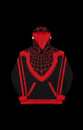 Kilometer Morales Pullover Hoodie showcasing bold red and black spiderweb design for retro comic style fans.