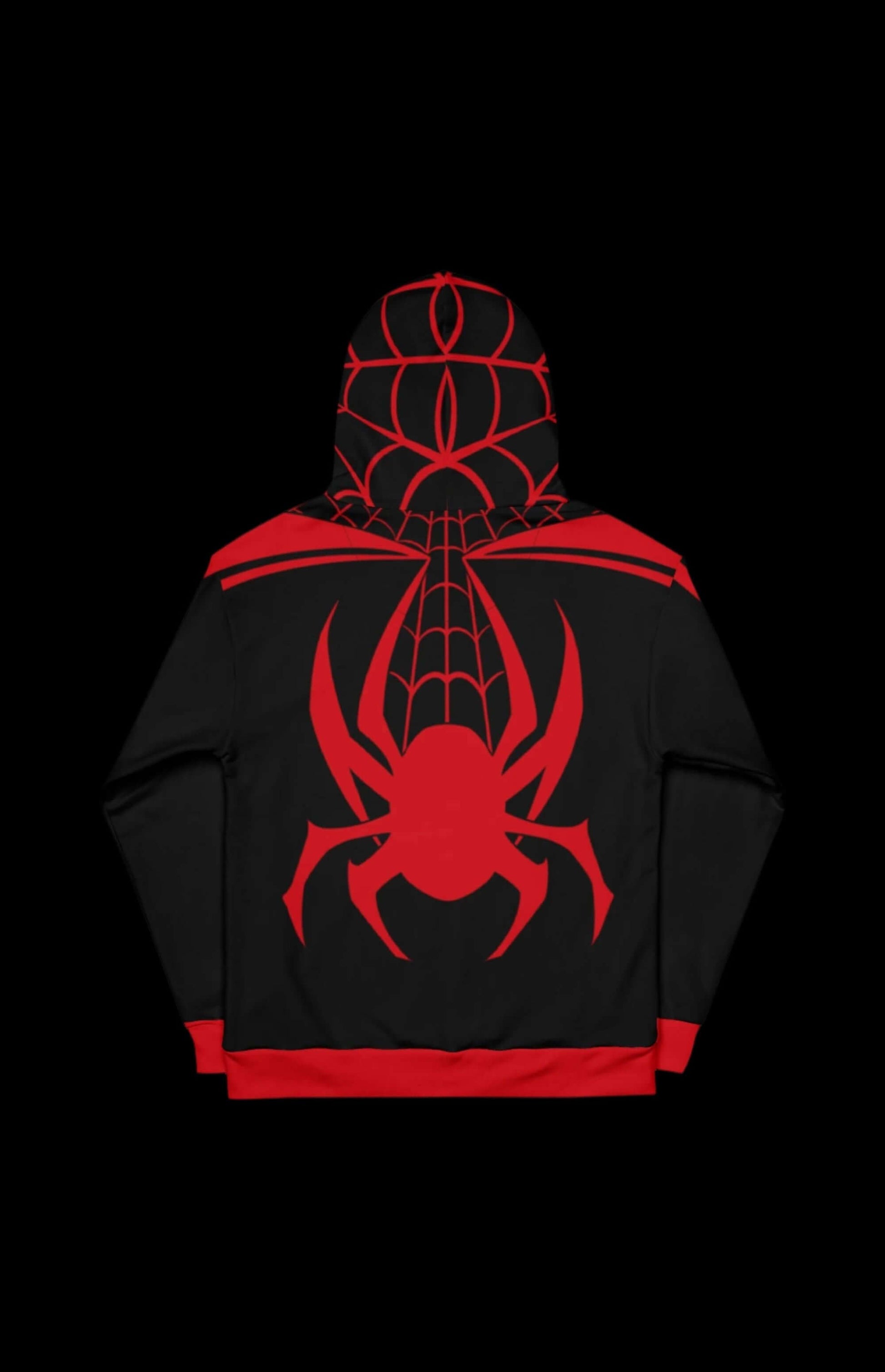 Back view of Kilometer Morales Pullover Hoodie featuring a bold red spider graphic on a black background.
