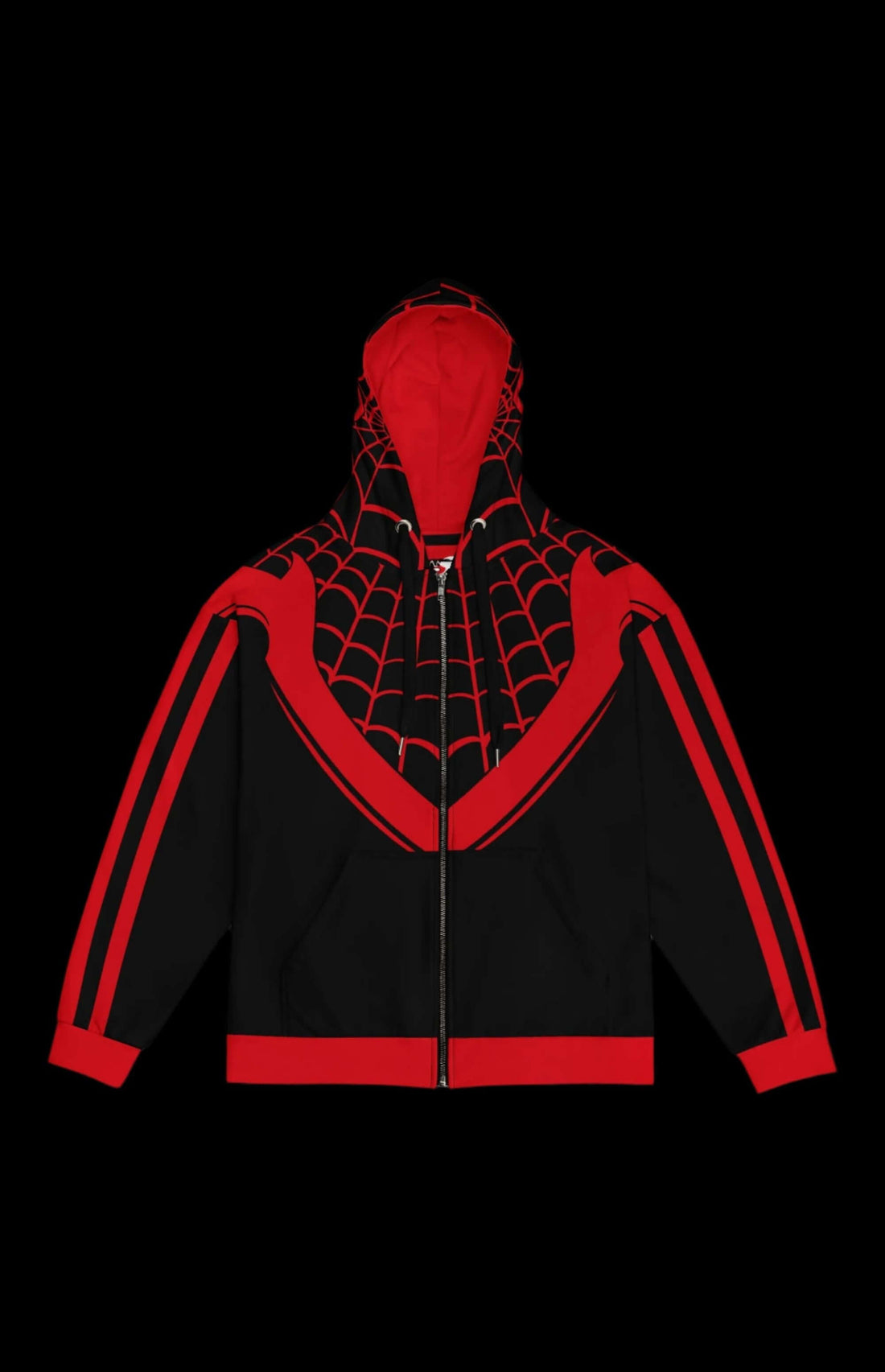 Kilometer Morales Zip-up Hoodie with vibrant red and black spider web design, perfect for comic fans and stylish retro looks.