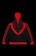 Kilometer Morales Zip-up Hoodie with vibrant red and black spider web design, perfect for comic fans and stylish retro looks.
