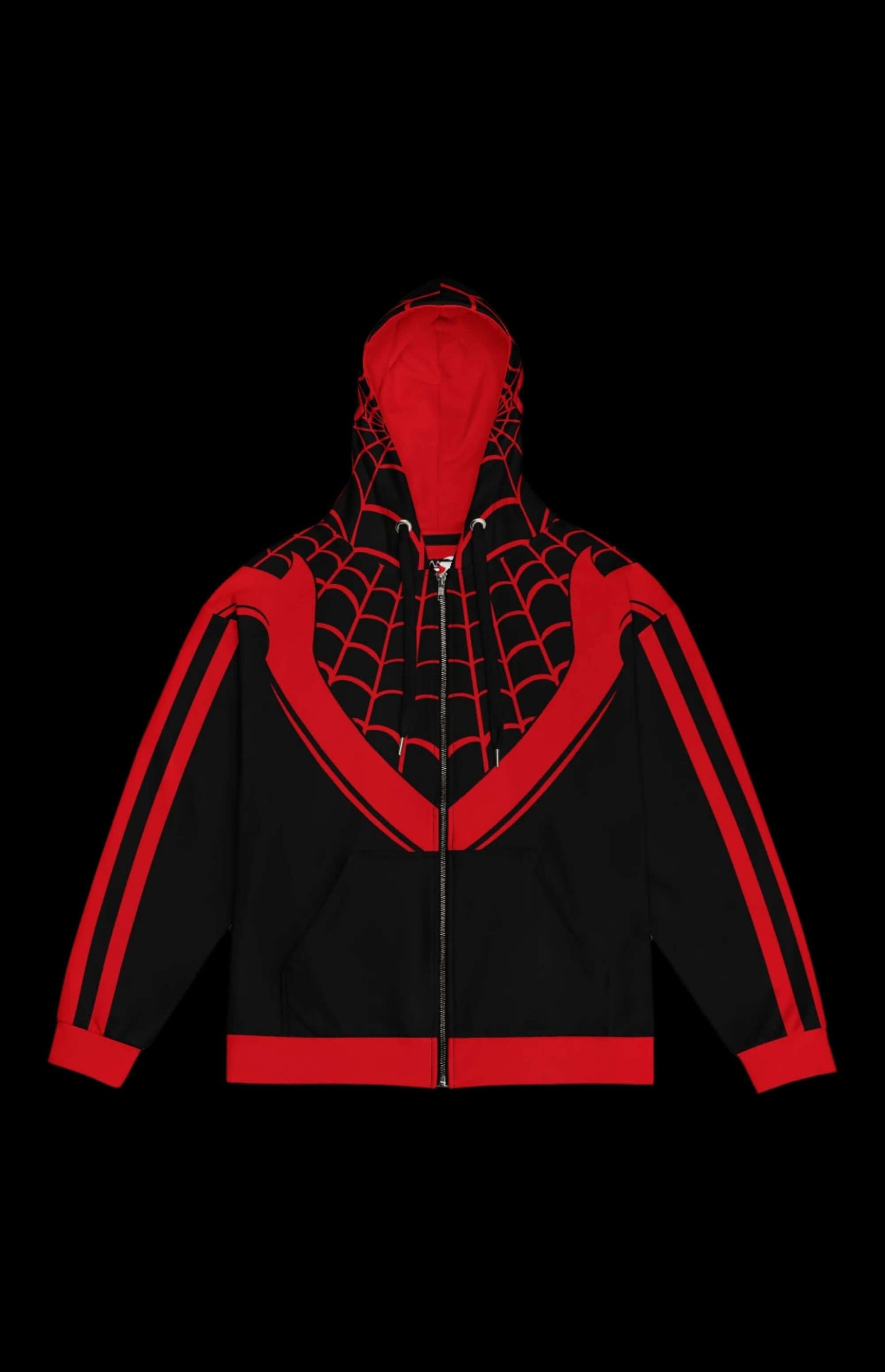 Kilometer Morales Zip-up Hoodie with vibrant red and black spider web design, perfect for comic fans and stylish retro looks.
