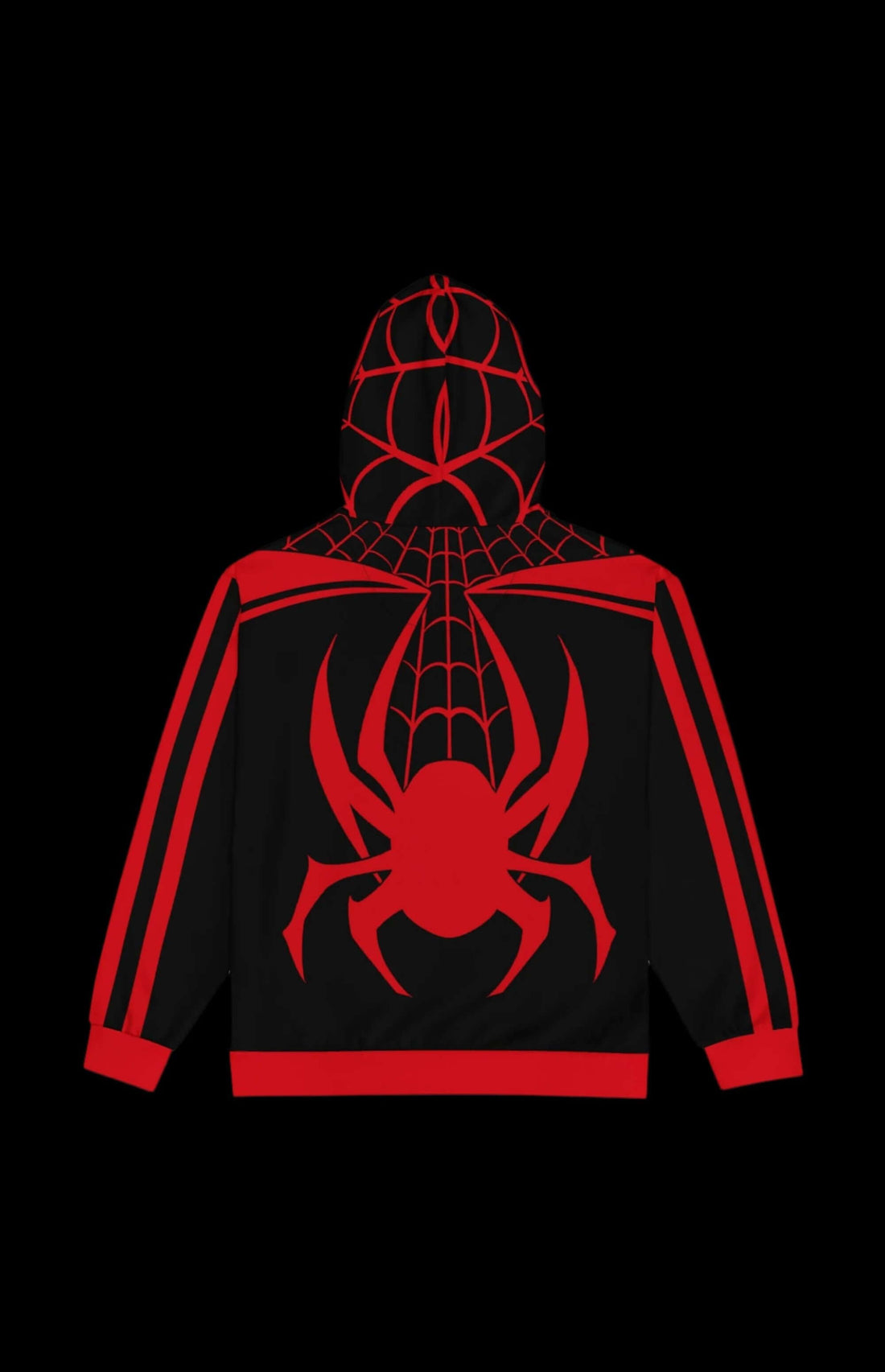Kilometer Morales Zip-up Hoodie with vibrant red and black spider web design, perfect for comic fans and stylish retro looks.