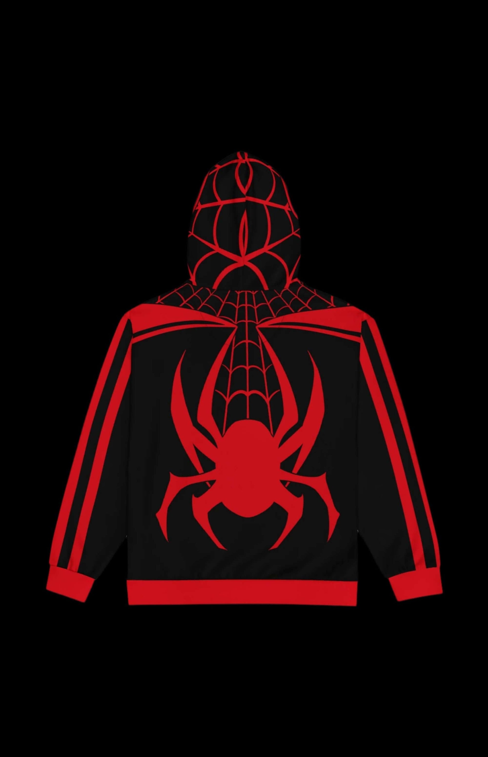 Back view of Kilometer Morales Zip-up Hoodie featuring bold spider web design in red and black colors.