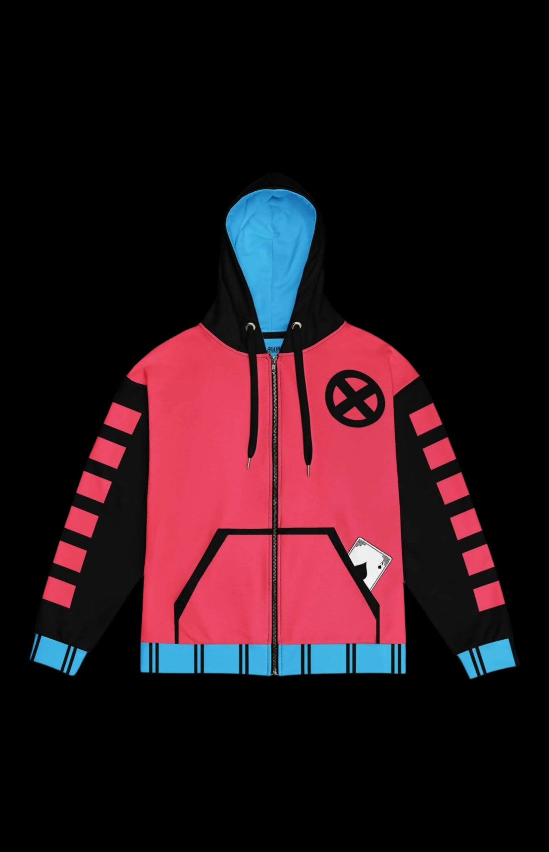 Kinetic Gambler zip-up hoodie in pink and black with blue accents, featuring drop shoulders and a cozy fit.