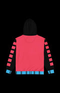 Back view of Kinetic Gambler zip-up hoodie in pink and black with stylish blue accents and relaxed fit.
