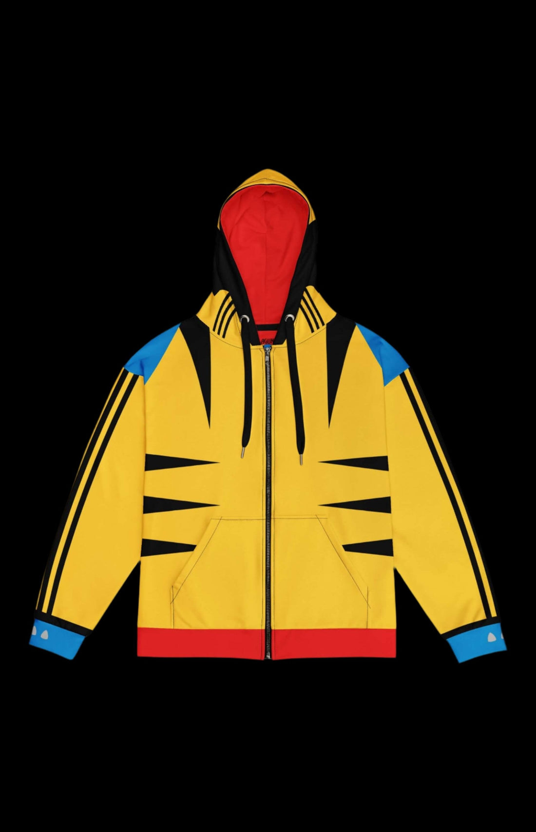 Bright yellow zip-up hoodie with black stripes and colorful accents, perfect for a stylish, casual look.