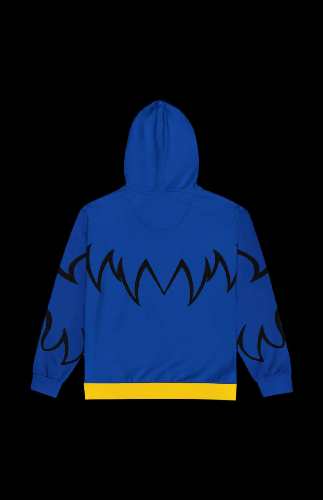 Monster zip-up hoodie in blue with yellow interior and black flame design, perfect for casual wear and comfort.