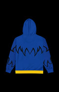 Back view of the blue Monster zip-up hoodie with black monster-like designs and yellow hem, perfect for everyday wear.