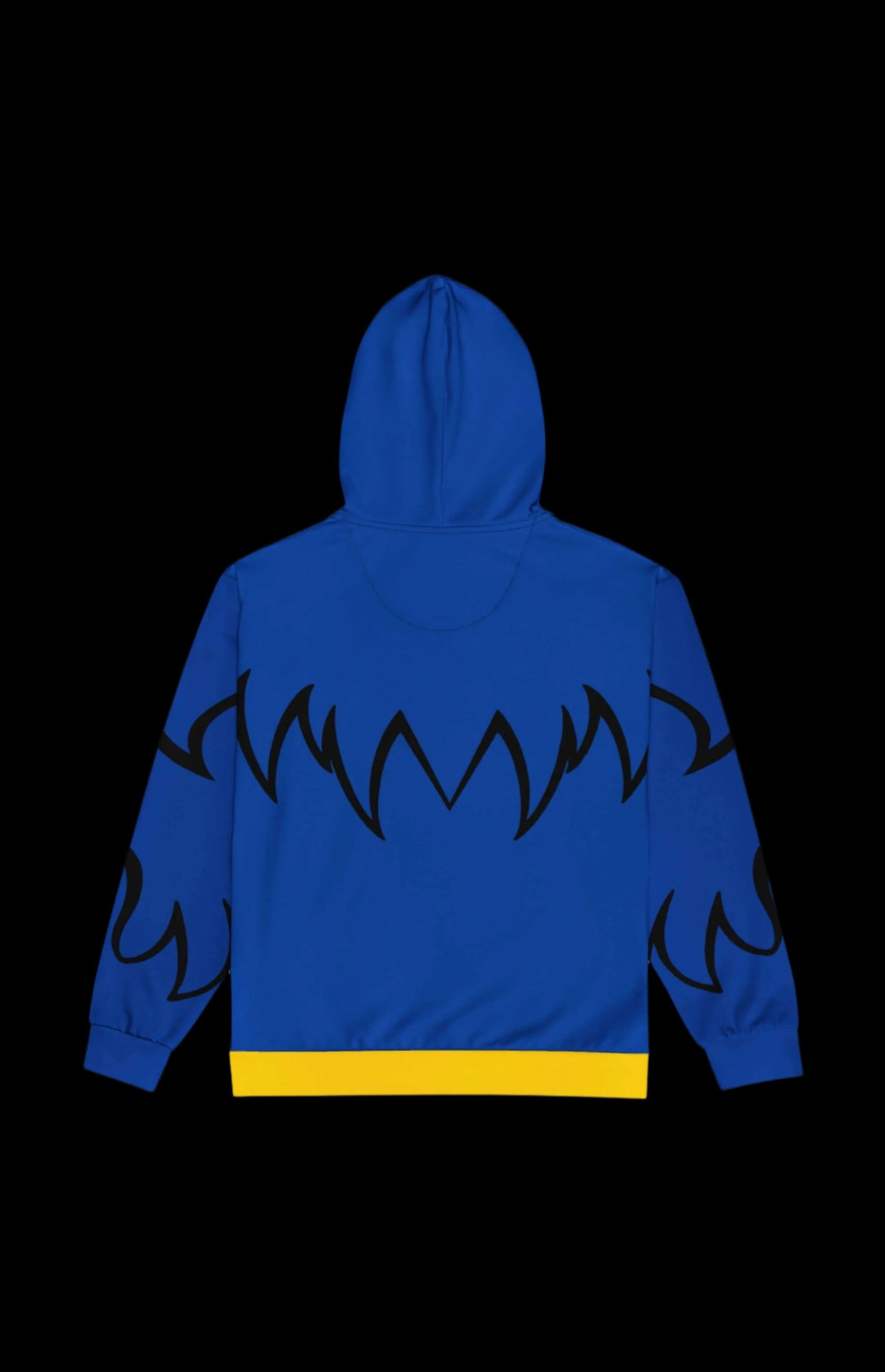 Back view of the blue Monster zip-up hoodie with black monster-like designs and yellow hem, perfect for everyday wear.