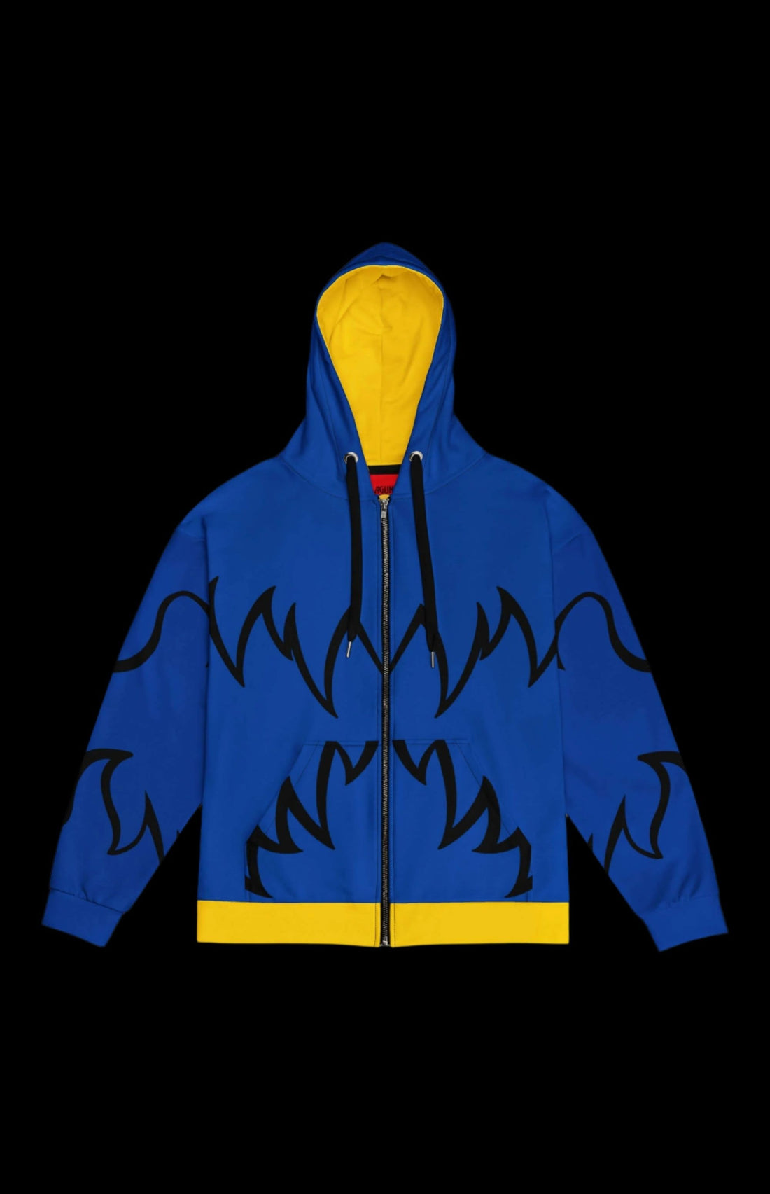 Monster zip-up hoodie in blue with yellow interior and black flame design, perfect for casual wear and comfort.